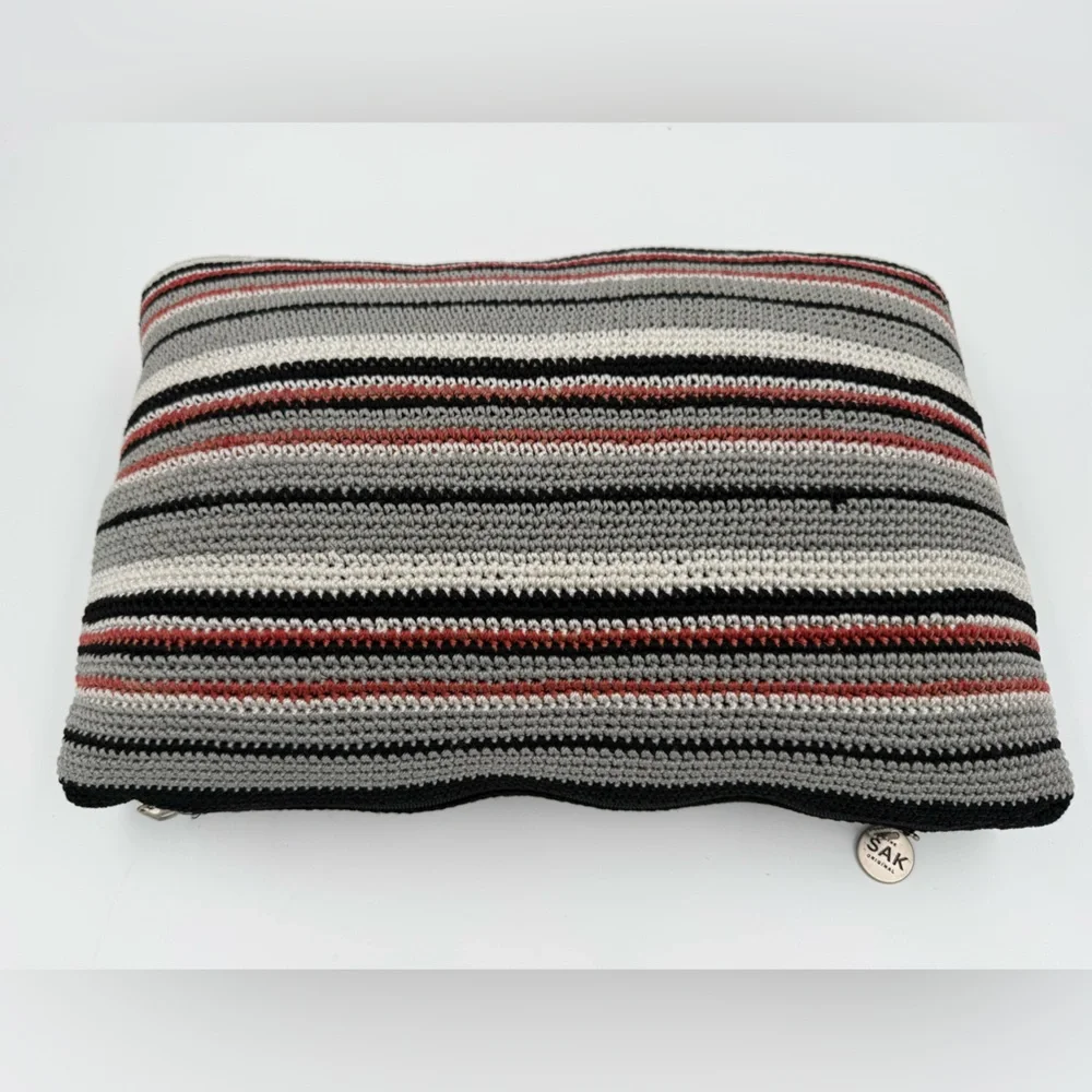 The SAK Home Square Crochet Knit Pillow Black Beige Red Gray 12”x 17